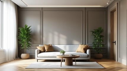 Fototapeta premium Neoclassical living room with wall moldings, cream sofa and plant