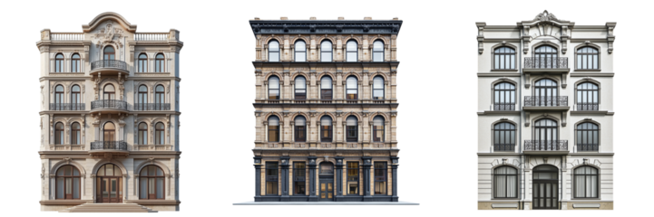 Set of beautiful architectural buildings isolated on transparent background PNG