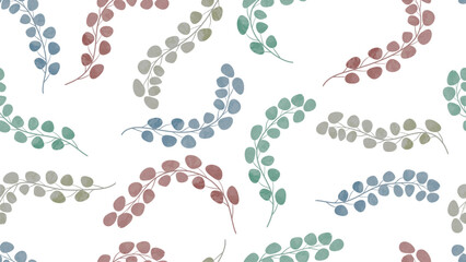 Abstract artistic eucalyptus leaves seamless pattern on white background vector. Colorful botanical wallpaper with watercolor texture. Design for print, cover, fabric, packaging, wall art, home decor.