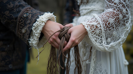 Details of a pagan handfasting ceremony with a weaved ribbon in Iceland