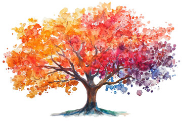 Fototapeta premium Vibrant watercolor tree with colorful leaves isolated on transparent background. Tree watercolor isolated on white background.
