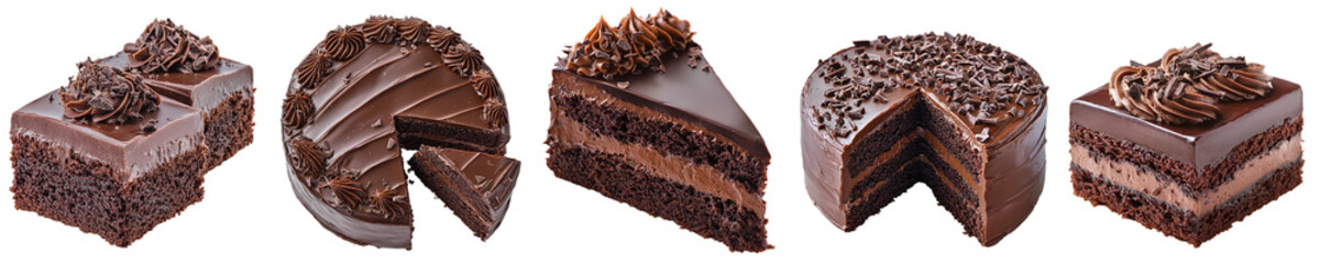 Obraz premium Set of delicious chocolate cakes isolated on transparent background PNG