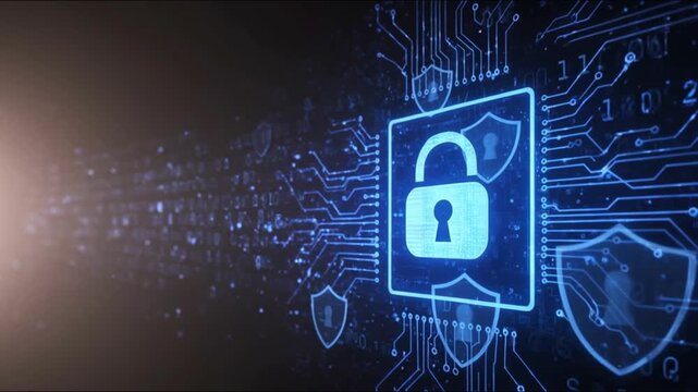 Glowing Padlock and Circuit Shields Representing Cybersecurity and Data Encryption, 4k animation for tech background video