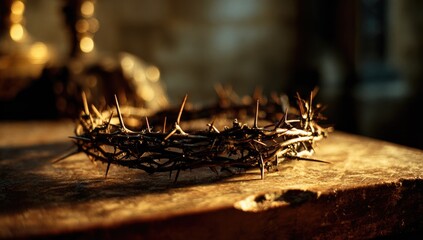 Fototapeta premium Crown of thorns on weathered wooden surface, bathed in warm light