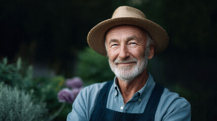 Warm portrait of a mature gardener with a straw hat. Depicts experience, tranquility, and connection with nature. Ideal for lifestyle, farming, or retirement concepts.