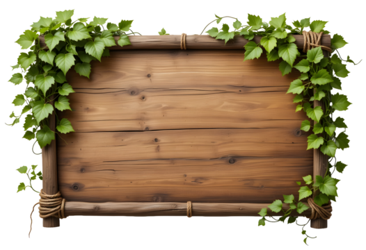 Rustic wooden sign with vibrant green ivy perfect for outdoor marketing or creative presentations