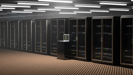 Server. Room servers data center. Backup, mining, hosting, mainframe, farm and computer rack with storage information. Server room data center. 3d render