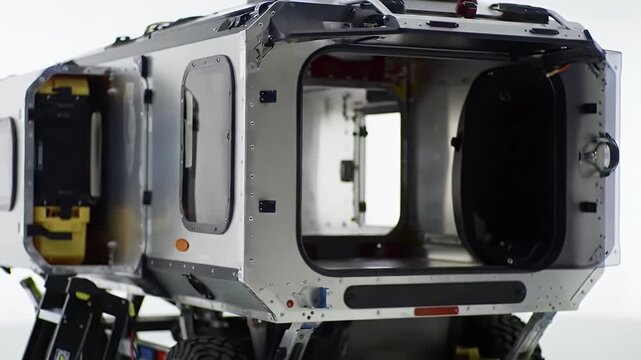 Detailed Close Up of Portable Habitat Construction Featuring Open Door and Window on White Background Showcasing Rugged Wheels Mechanical Elements Emphasizing Mobility and Sustainable Living