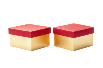 Cube shaped boxes with red lids isolated on transparent background. Gold and red gift box isolated on white background.