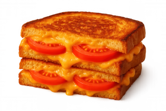 Grilled cheese sandwich featuring melted cheese, ripe tomato slices on transparent background, ideal for culinary design and menu presentation