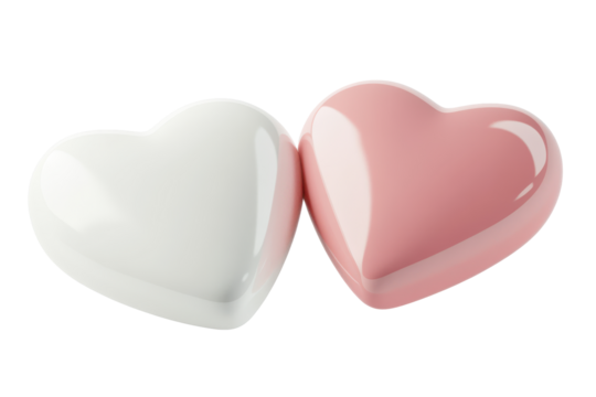 Heart shaped candies one white one pink isolated on transparent background. White and pink heart shaped isolated on white background, 3d rendering.