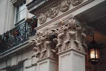 Obraz premium Ornate building facade with carved columns and balcony