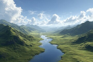A verdant valley, winding river, and majestic mountains under a bright sky