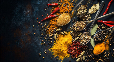 Assorted colorful spices and sea salt in spoons on dark background