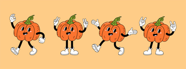 Naklejka premium Set of funny pumpkin character in various poses. Hand drawn vector illustration in modern retro style.