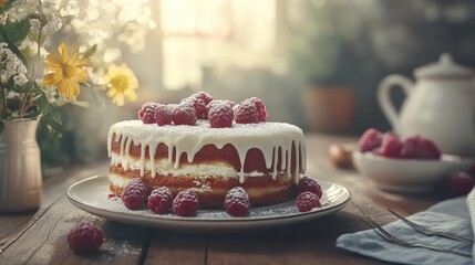 Decadent Raspberry Cake with Creamy Frosting and Fresh Berries