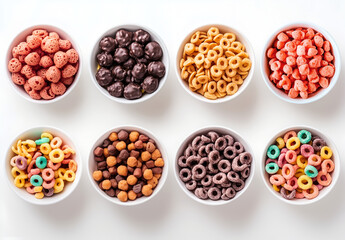 A variety of breakfast cereal bowls arranged in two rows on a white background, top view. Chocolate-covered corn puffs, Fruit Loops. Each bowl is filled with different types of delicious cereal.