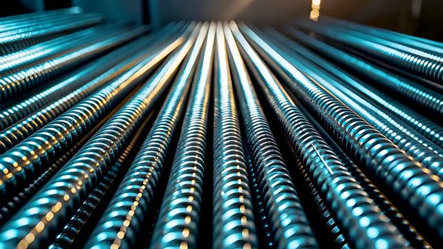 Shiny metallic pipes arranged in parallel rows inside industrial factory with strong artificial lighting effects
