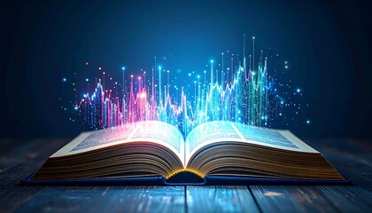 Open book with glowing data visualization