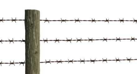 Rustic wooden fence post with barbed wire, country farm security, agriculture boundary and rural landscape