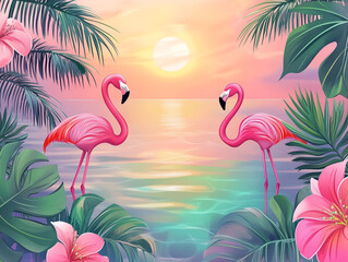 Summer holidays banner with two flamingos against the background of the sea, sun and the leaves of a palm tree and tropical flowers. Beautiful pink flamingo bird standing in sea water on color backgro