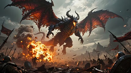 Massive winged demon monster hovering above battlefield fire explosions cinematic epic fantasy atmosphere