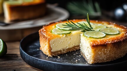 Refreshing Citrus Cheesecake with Lime Slices and Rosemary Garnish