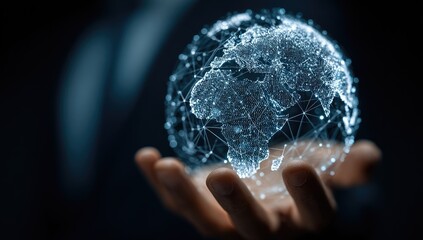 A hand holds a holographic projection of a globe, interconnected by a network of lines