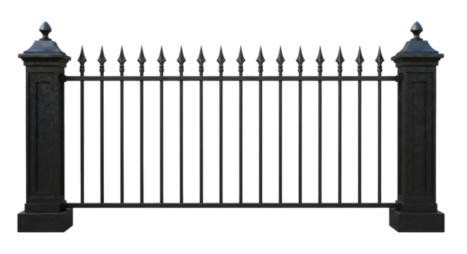 Elegant wrought iron fence with spear top detail, perfect for property security, garden design, or architectural projects