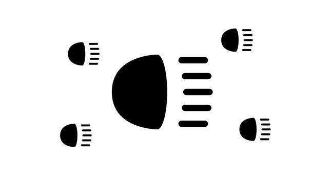 Zoom in and out animation the headlight symbol. Large black symbol in the center and four small symbols around. Seamless looped 4k animation on white background