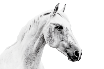 Close up profile of a speckled white horse head isolated on transparent background. White horse isolated on white background.