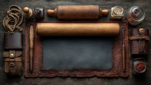 Rustic artisan tools and supplies arranged on a dark wooden surface, with a central leather mat and a rolled parchment scroll. Leather goods, rolling pin, inkwell, spices, and twine are visible