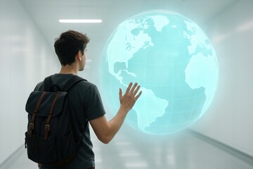 A young person interacts with a translucent holographic representation of Earth in a modern, bright corridor.