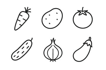 Outline icons of carrot, potato, tomato, cucumber, onion, and eggplant