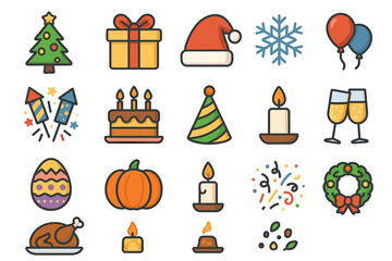 Festive holiday icons: christmas, new year, thanksgiving, and birthday elements