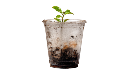 Small plant in a used disposable cup