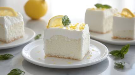 Refreshing Lemon Cream Cake Slice with Garnish and Lemon Zest