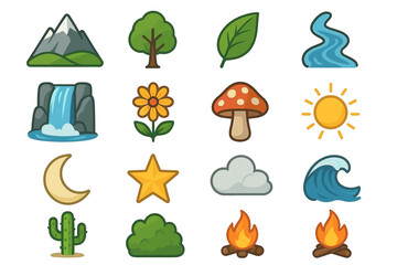 Nature icons set: mountains, trees, waterfall, sun, leaf, star, fire, moon, wave