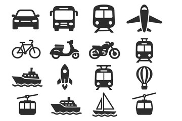 Variety of transportation icons: car, bus, train, airplane, and more in black silhouettes