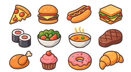 Assorted cartoon food icons: pizza, burger, sushi, cupcake, and more variety