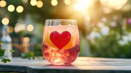 Refreshing Pink Drink with Heart Decoration in Sunset Glow