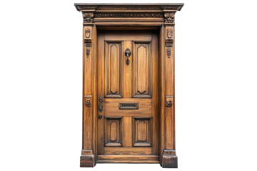 Antique wooden door with glass panes isolated on transparent background. Wood door isolated on white background.
