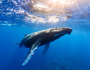 Fototapeta premium Majestic whale in sunlit ocean depths