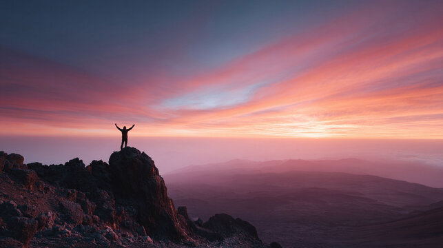 Silhouette of a person victoriously standing atop a mountain peak with arms raised against a majestic pink sunrise. Metaphor for success, achievement, and ambition.