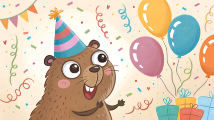 Naklejka premium Cartoon beaver wearing a party hat stands amidst balloons, gifts, and confetti against a warm, celebratory background with bunting, creating a cheerful, festive mood. 