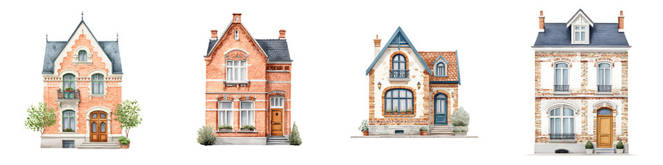 Fototapeta premium Charming European Houses: Watercolor Village Architecture