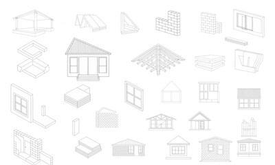 Fototapeta premium Blueprint Building Construction Components and Architectural Drawings Detailed Outline Illustration of Various Building Structures Elements Isolated on White Background