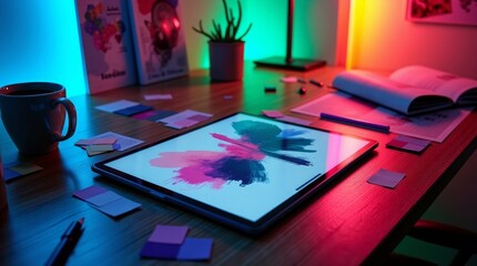 Digital art creation with tablet and colorful splashes creative process pink