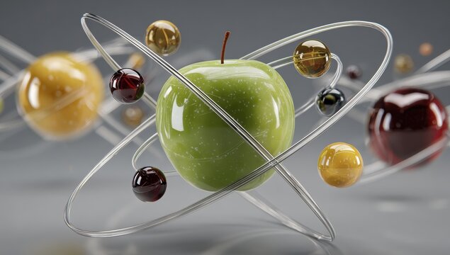 Vibrant apple surrounded by orbiting spheres