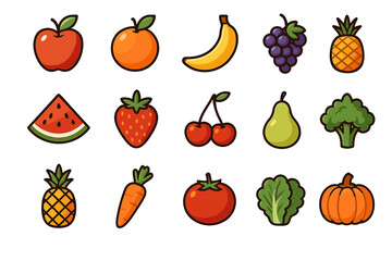 Colorful cartoon fruits and vegetables collection with apple, banana, pineapple, and more